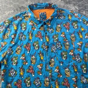Pardy Time Button Down Shirt Mens XL Blue Tropical Cocktail Drink Print Hawaiian